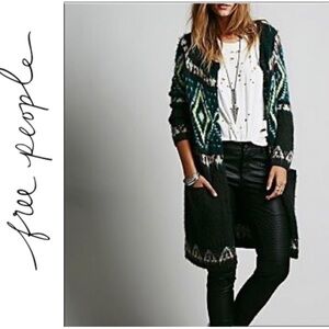 Free People Frosted Fairisle Nordic Wool Blend Longline Patch Pocket Cardigan